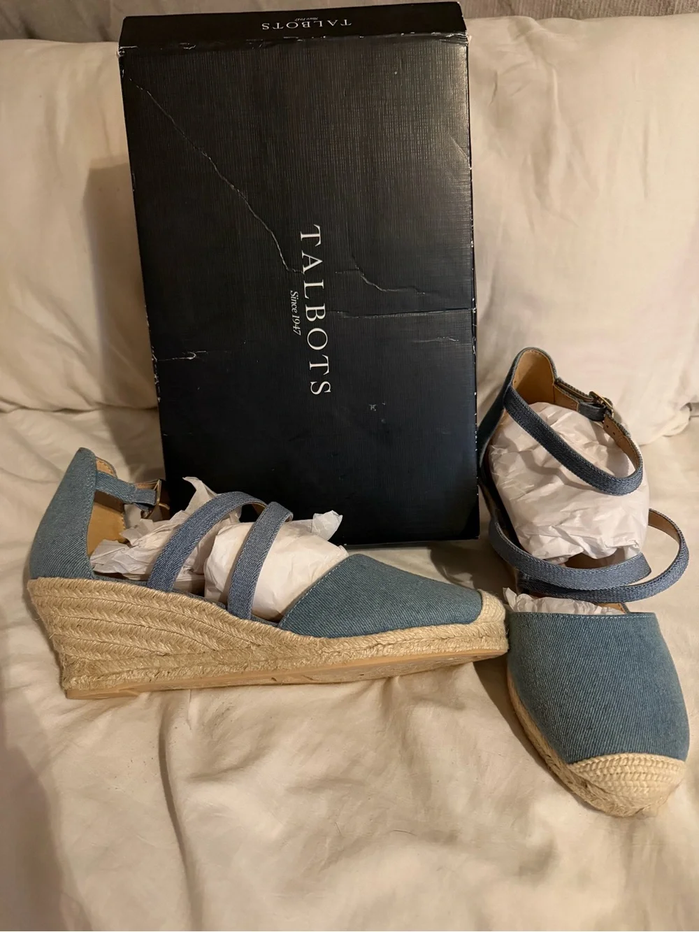 Talbots Denim-Blue Espadrille Ankle-Strap Wedge Sandals